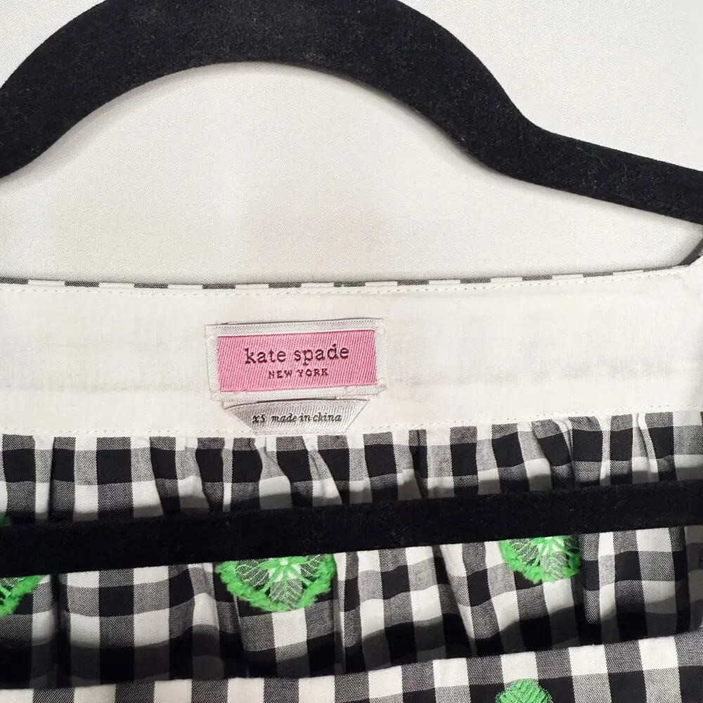 Kate Spade XS Black White Green Gingham Voile Blouse Puff Sleeves Square Neck